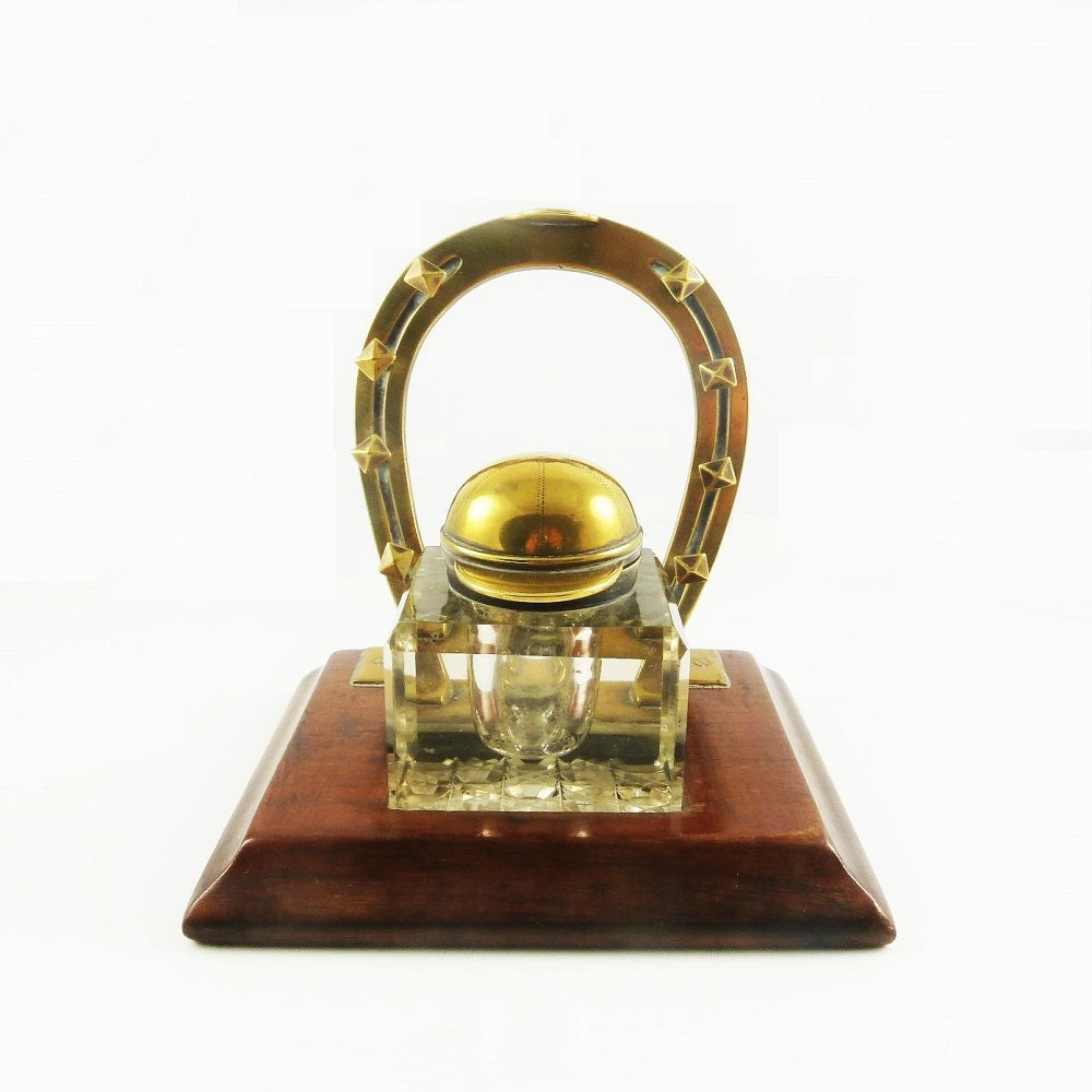 Antique Equestrian Inkwell, Jockey cap, Horseshoe Pen Rest - 43 Chesapeake Court Antiques