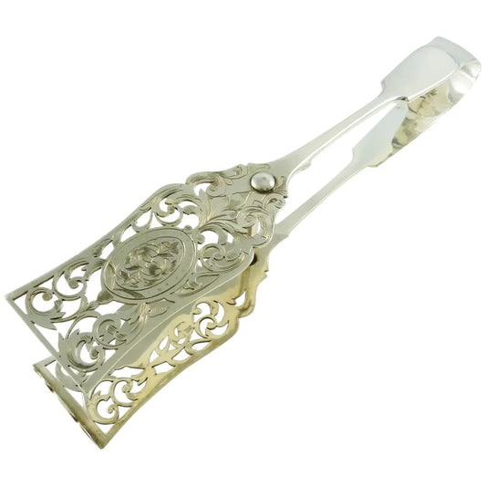 Silver Plate Asparagus or Pastry Tongs Bright Cut Engraving - 43 Chesapeake Court Antiques