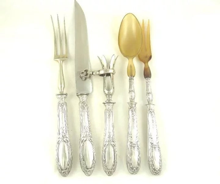 Antique French Sterling Silver Serving Set with Carving Knife & Bone Holder - 43 Chesapeake Court Antiques
