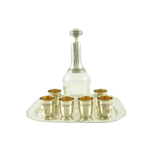 Antique French Sterling Silver Liquor Set, Decanter and Six Cups with Silver Tray - 43 Chesapeake Court Antiques