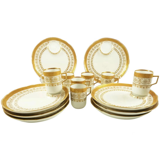 Antique Porcelain Dessert Plates & Demitasse Cups, C 1890 White with Gilt Trim - 43 Chesapeake Court Antiques