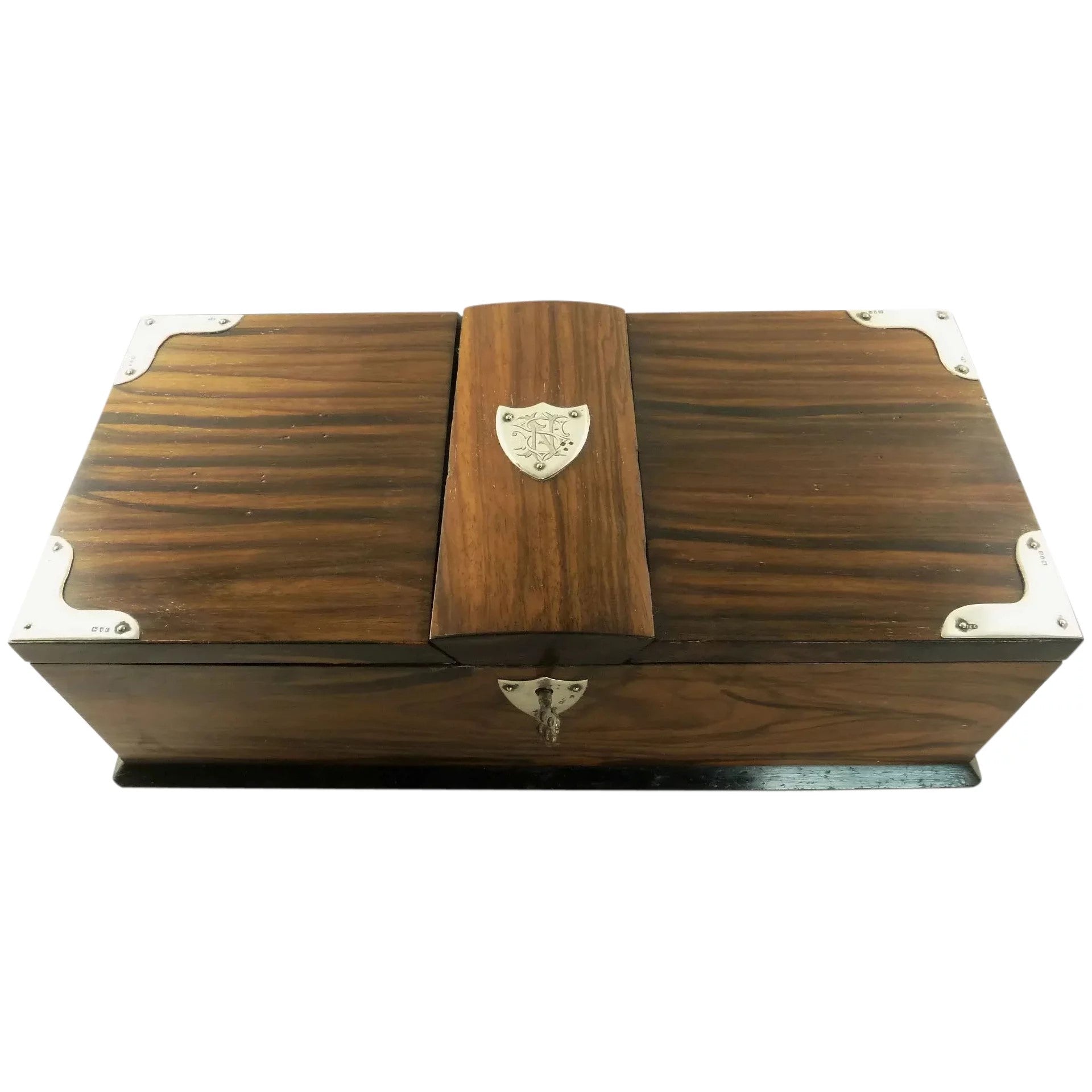 Antique English Cigar Box or Letterbox with Sterling Silver Mounts , Armorial - 43 Chesapeake Court Antiques