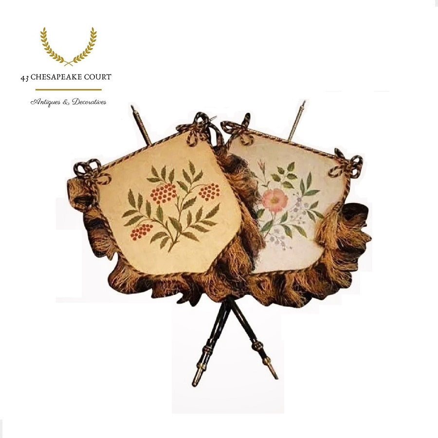 Antique Face Screens Silk with Fringe Hand Painted Pair Victorian - 43 Chesapeake Court Antiques
