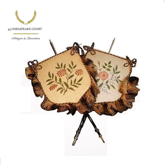 Antique Face Screens Silk with Fringe Hand Painted Pair Victorian - 43 Chesapeake Court Antiques