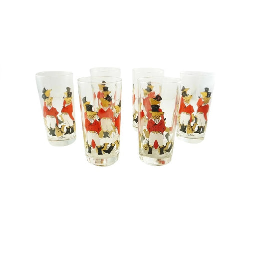 Vintage Set of 6 Equestrian Fox and Hound Tall High Ball Cocktail Glasses - 43 Chesapeake Court Antiques