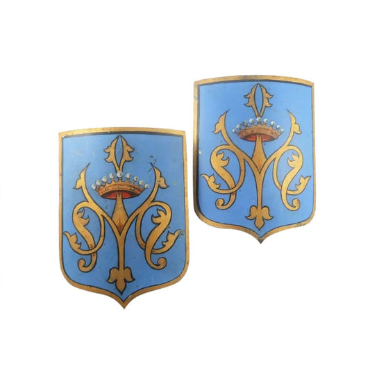 Antique French Hand-Painted Shields, Armorial for Count, Tole Flag Holders - 43 Chesapeake Court Antiques 