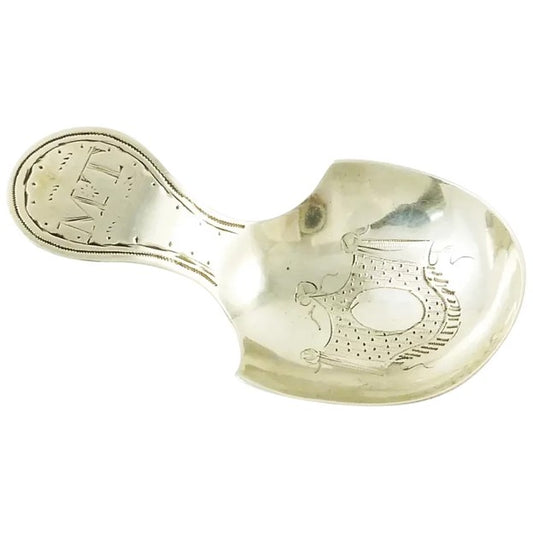 Antique French Silver Tea Caddy Spoon, Early 19th C Bright Cut Engraving - 43 Chesapeake Court Antiques
