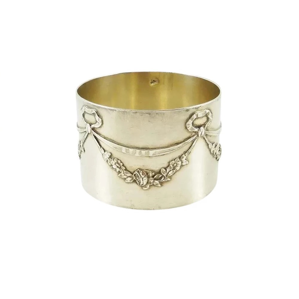  Antique French Sterling Silver Napkin Ring, Swags of Roses and Ribbons - 43 Chesapeake Court Antiques