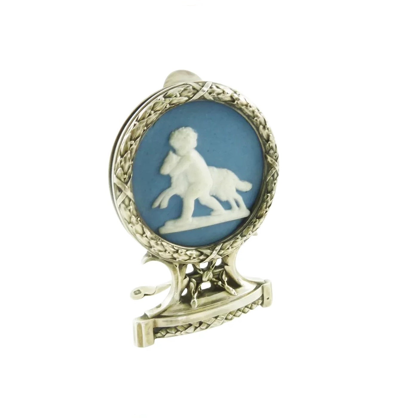 Antique French Sterling Silver & Porcelain Menu Holder, Large in Size with Putto and Lamb - 43 Chesapeake Court Antiques