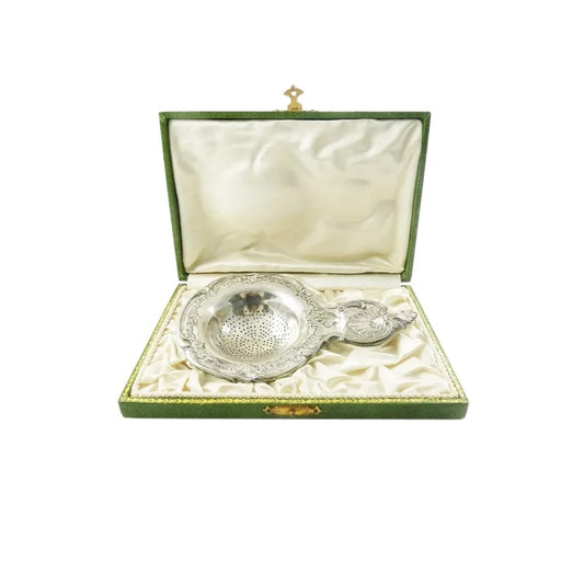 Antique Silver Tea Strainer with Presentation Box, Rococo Design - 43 Chesapeake Court Antiques