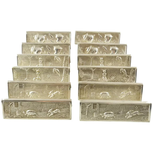 French Silver Plate Dinner Knife Rests Set of Twelve with Children's Tales Aesop's Fables - 43 Chesapeake Court Antiques