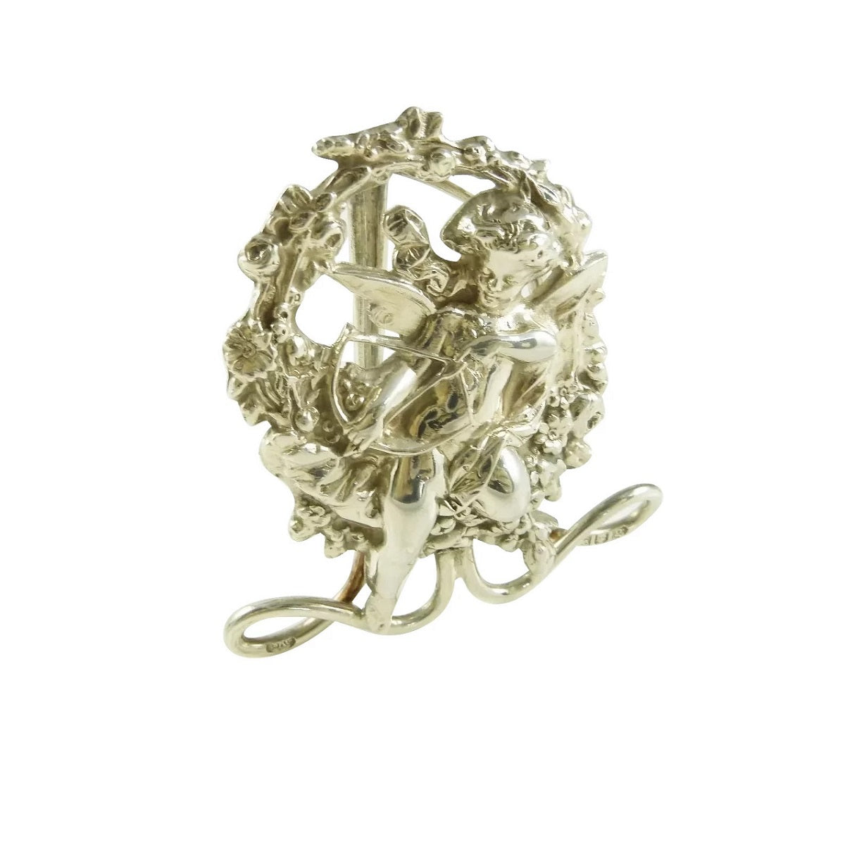 Antique English Sterling Silver Menu Holder featuring Putto with Bow and Arrow - 43 Chesapeake Court Antiques