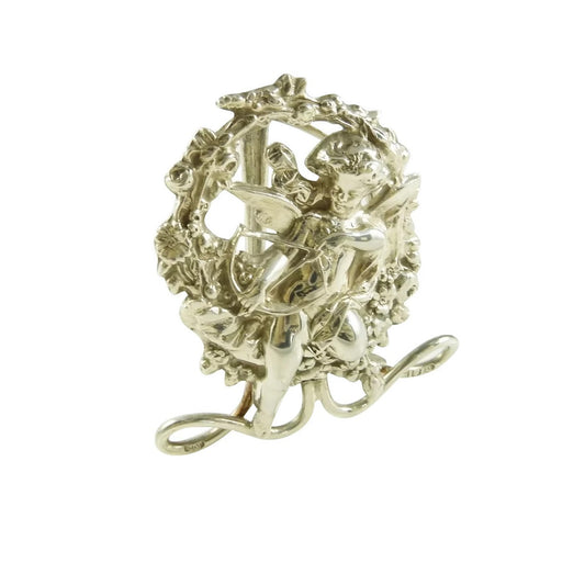 Antique English Sterling Silver Menu Holder featuring Putto with Bow and Arrow - 43 Chesapeake Court Antiques