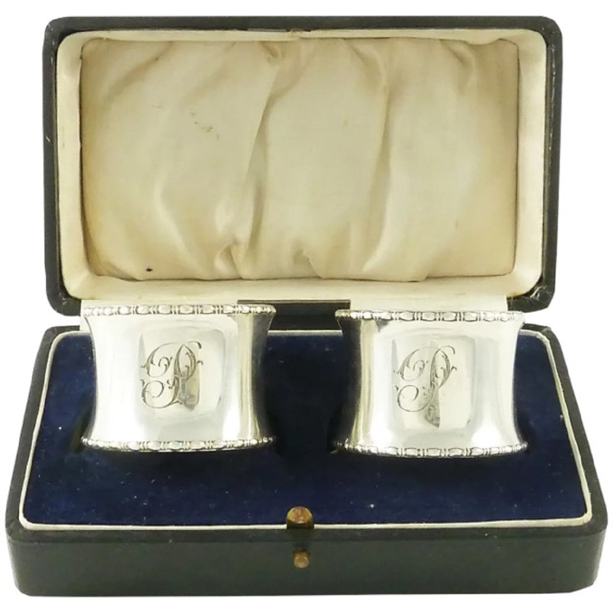 English Sterling Silver Napkin Rings, Monogram "P", A Pair with Presentation Box - 43 Chesapeake Court Antiques