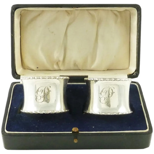 English Sterling Silver Napkin Rings, Monogram "P", A Pair with Presentation Box - 43 Chesapeake Court Antiques