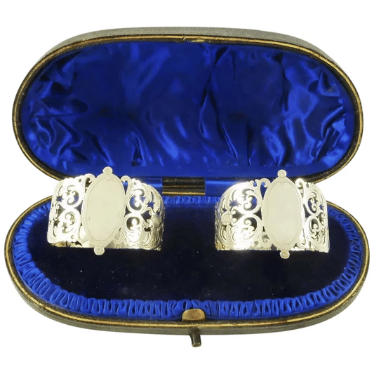Antique English Sterling Silver Napkin Ring Holders Box Pierced Work - 43 Chesapeake Court Antiques