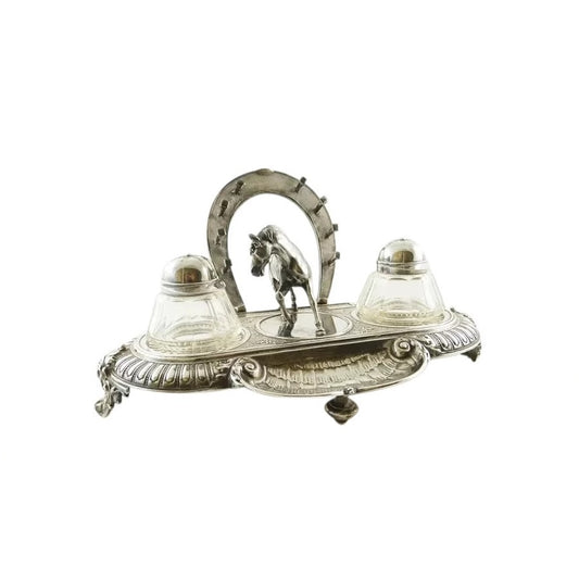 Antique Novelty Silver Equestrian Double Inkwell, C1900, Horse, Horseshoe Pen Holder, Jockey Caps - 43 Chesapeake Court Antiques