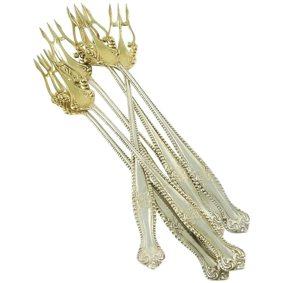 Sterling Silver Set of Six Oyster or Cocktail Forks, Ornate Tines with Gilt - 43 Chesapeake Court Antiques